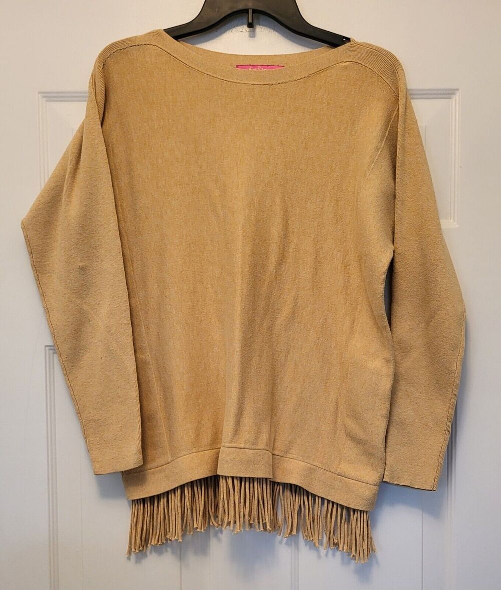 Lilly Pulitzer Women's Ramona Fringe Sweater Pullover Long Sleeve Tan Size M